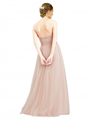 Rose Trapèze Sans bretelle Tulle Longue Robes demoiselle d'honneur
