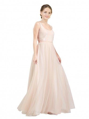 Rose Trapèze Scoop Tulle Longue Robes demoiselle d'honneur Pas Cher