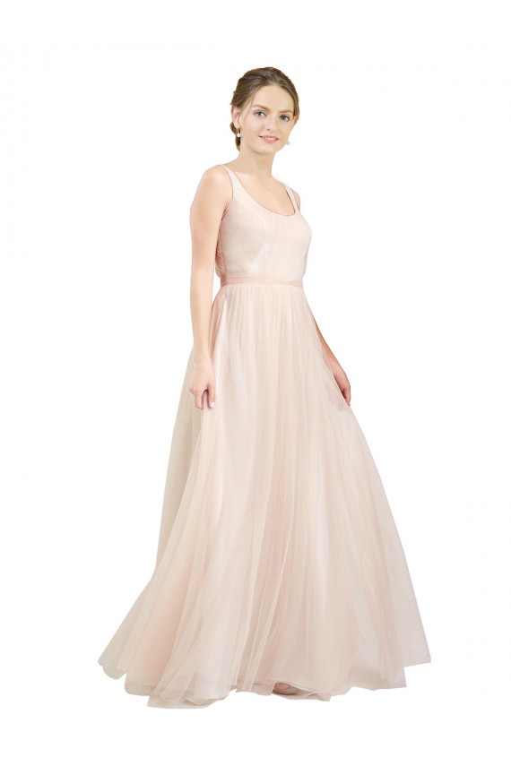 Rose Trapèze Scoop Tulle Longue Robes demoiselle d'honneur Pas Cher