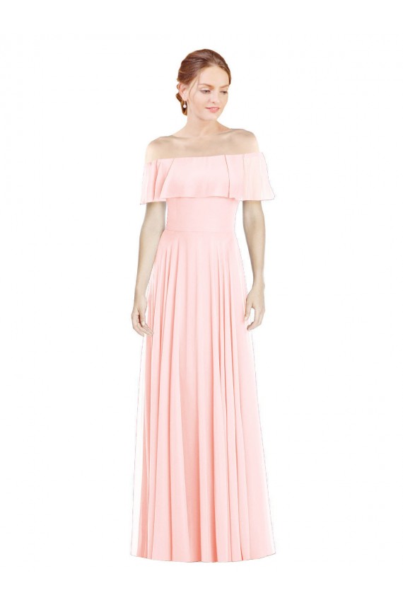 Rose Trapèze Épaule Dénudée Col Carré Mousseline Longue Robes demoiselle d'honneur Pas Cher