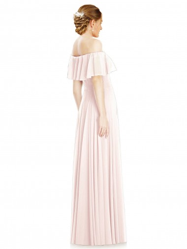 Rose Trapèze Épaule Dénudée Col Carré Mousseline Longue Robes demoiselle d'honneur