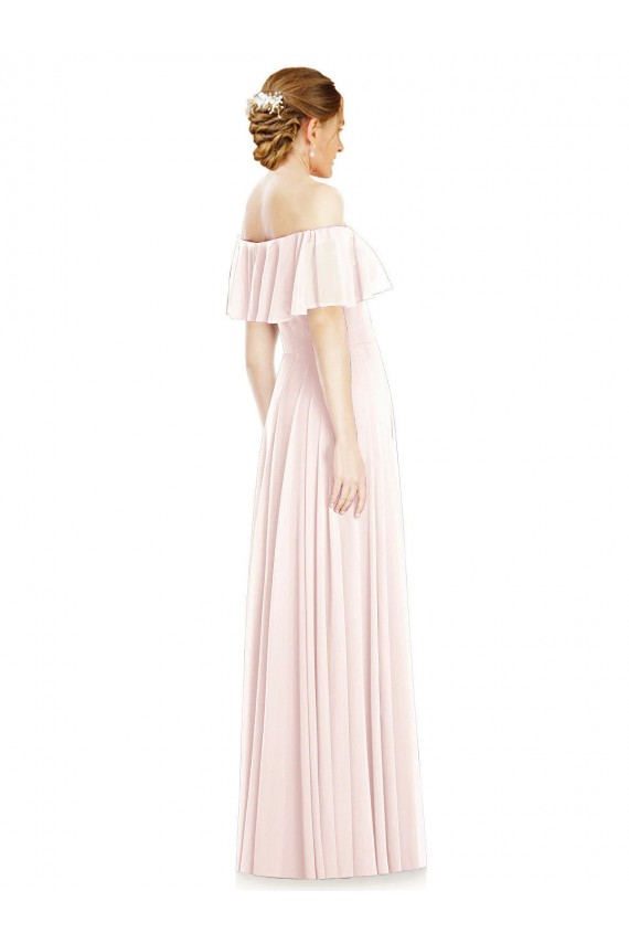 Rose Trapèze Épaule Dénudée Col Carré Mousseline Longue Robes demoiselle d'honneur Pas Cher