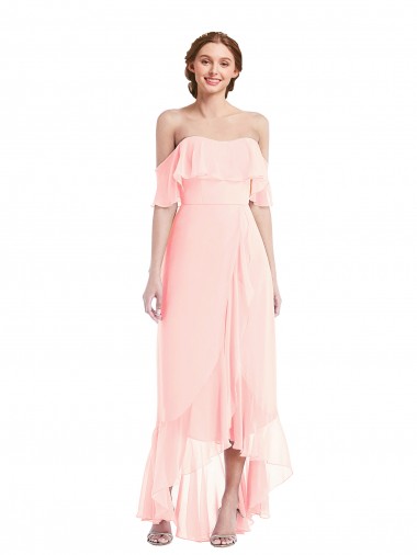 Rose Trapèze Épaule Dénudée Mousseline Longue Asymétrique Robes demoiselle d'honneur Pas Cher