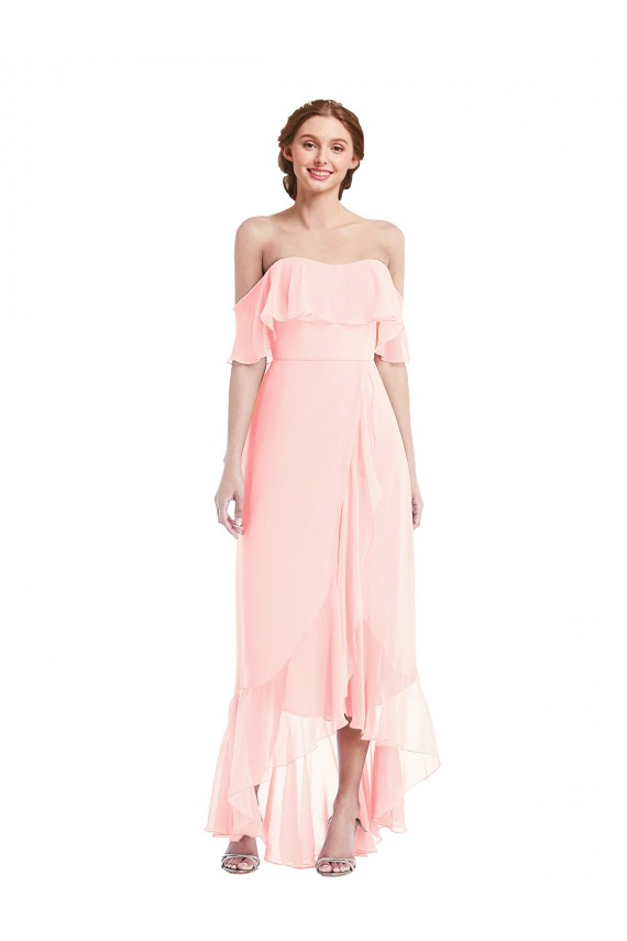 Rose Trapèze Épaule Dénudée Mousseline Longue Asymétrique Robes demoiselle d'honneur Pas Cher