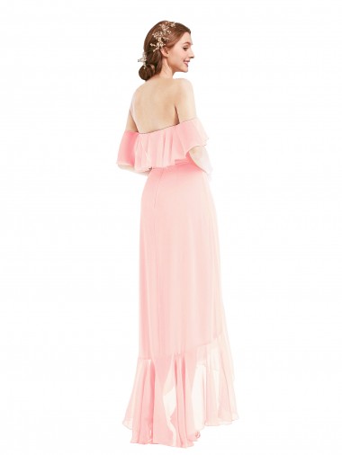 Rose Trapèze Épaule Dénudée Mousseline Longue Asymétrique Robes demoiselle d'honneur