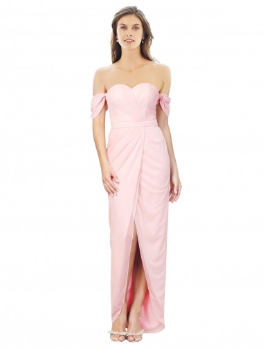 Rose Trapèze Épaule Dénudée Sans bretelle Mousseline Longue Asymétrique Robes demoiselle d'honneur Pas Cher