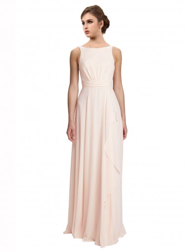Rose crème Trapèze Bateau Col Haut Mousseline Longue Robes demoiselle d'honneur Pas Cher