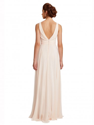 Rose crème Trapèze Bateau Col Haut Mousseline Longue Robes demoiselle d'honneur