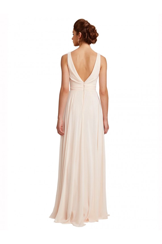 Rose crème Trapèze Bateau Col Haut Mousseline Longue Robes demoiselle d'honneur Pas Cher