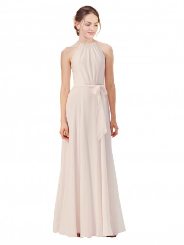 Rose crème Trapèze Bateau Col Haut Mousseline Longue Robes demoiselle d'honneur Pas Cher