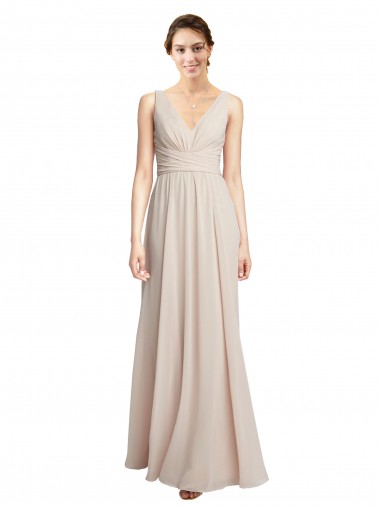 Rose crème Trapèze Col V Mousseline Longue Robes demoiselle d'honneur Pas Cher