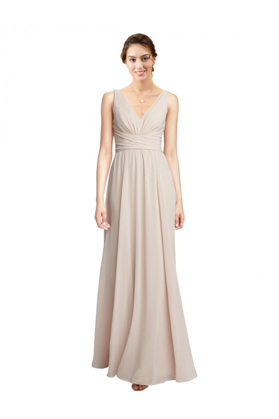 Rose crème Trapèze Col V Mousseline Longue Robes demoiselle d'honneur Pas Cher