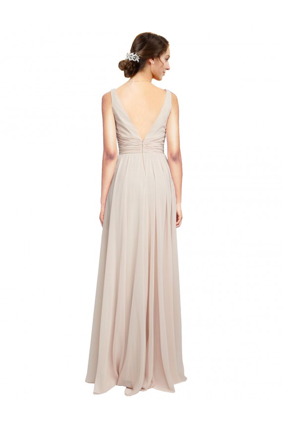 Rose crème Trapèze Col V Mousseline Longue Robes demoiselle d'honneur Pas Cher