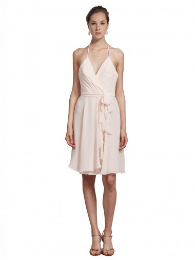Rose crème Trapèze Licou Col V Mousseline Courte Robes demoiselle d'honneur / Robes de cocktail Pas Cher