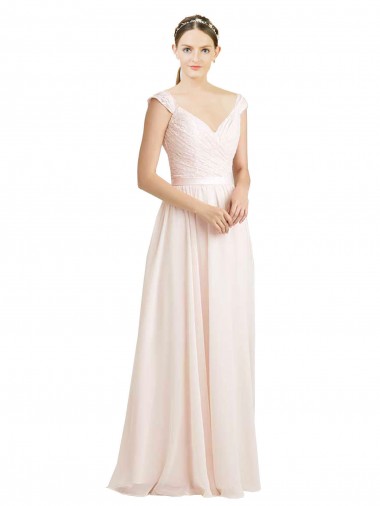 Rose crème Trapèze Mousseline Dentelle Longue Robes demoiselle d'honneur Pas Cher