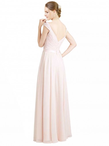 Rose crème Trapèze Mousseline Dentelle Longue Robes demoiselle d'honneur