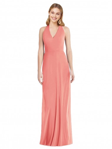 Rose du Désert Trompette Licou Col V Mousseline Longue Formelles Robes demoiselle d'honneur / Robes de soirée Pas Cher