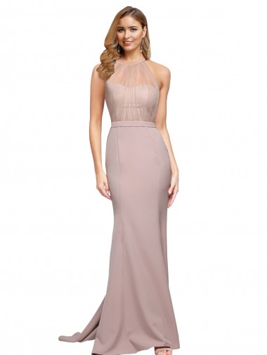 Rose poussiéreux Fourreau Col Haut Balayage train Crêpe Stretch Longue Formelles Robes demoiselle d'honneur / Robes de soirée / Robes de bal Pas Cher