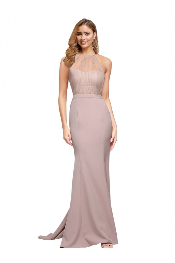 Rose poussiéreux Fourreau Col Haut Balayage train Crêpe Stretch Longue Formelles Robes demoiselle d'honneur / Robes de soirée / Robes de bal Pas Cher