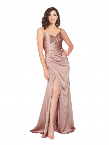 Rose poussiéreux Fourreau Col V Satiné Soyeux Longue Formelles Robes demoiselle d'honneur / Robes de soirée / Robes de bal Pas Cher