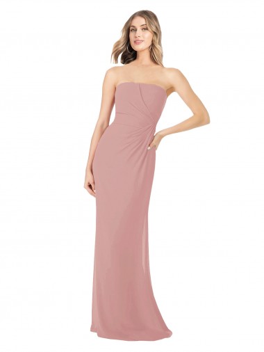 Rose poussiéreux Fourreau Sans bretelle Mousseline Longue Robes demoiselle d'honneur Pas Cher