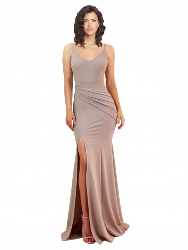 Rose poussiéreux Sirène Col V Crêpe Stretch Longue Formelles Robes demoiselle d'honneur / Robes de soirée / Robes de bal Pas Cher