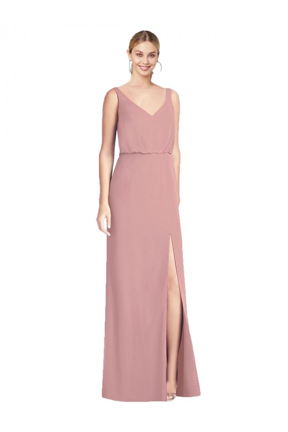 Rose poussiéreux Sirène Col V Mousseline Longue Robes demoiselle d'honneur Pas Cher