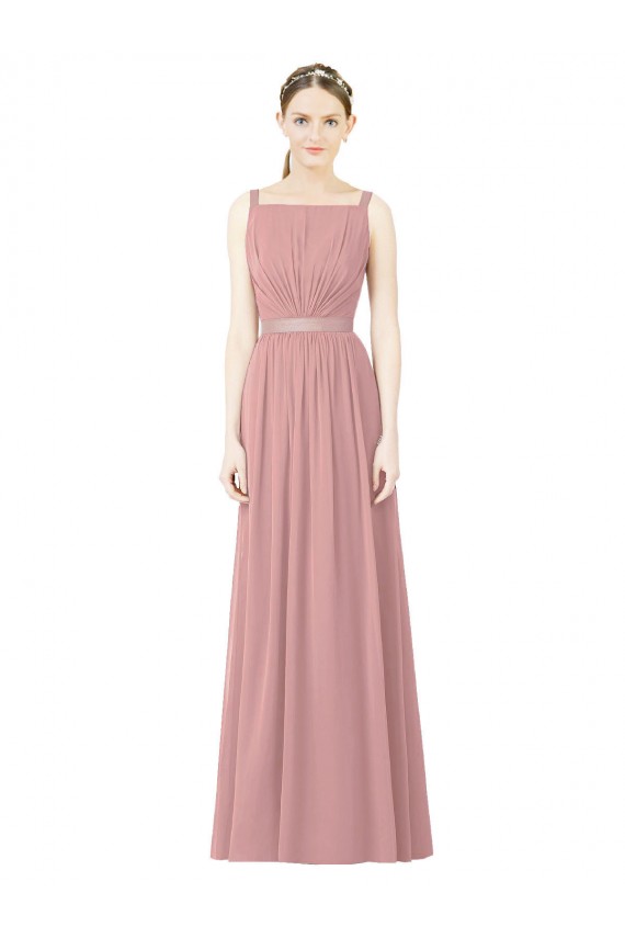 Rose poussiéreux Trapèze Col Haut Mousseline Longue Robes demoiselle d'honneur Pas Cher