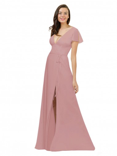Rose poussiéreux Trapèze Col V Mousseline Longue Robes demoiselle d'honneur Pas Cher