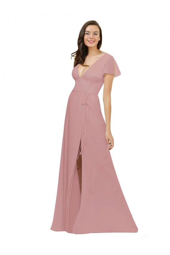 Rose poussiéreux Trapèze Col V Mousseline Longue Robes demoiselle d'honneur Pas Cher