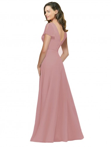Rose poussiéreux Trapèze Col V Mousseline Longue Robes demoiselle d'honneur