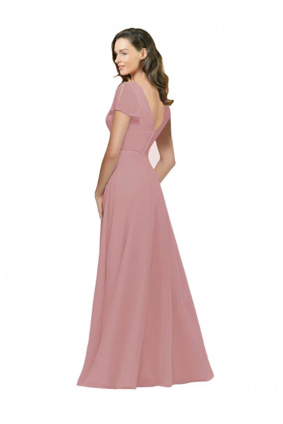 Rose poussiéreux Trapèze Col V Mousseline Longue Robes demoiselle d'honneur Pas Cher