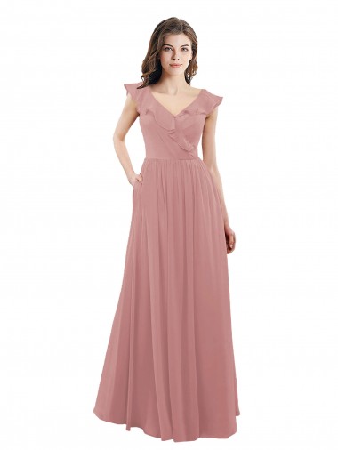 Rose poussiéreux Trapèze Col V Mousseline Longue Robes demoiselle d'honneur Pas Cher
