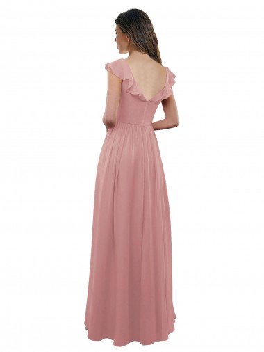 Rose poussiéreux Trapèze Col V Mousseline Longue Robes demoiselle d'honneur