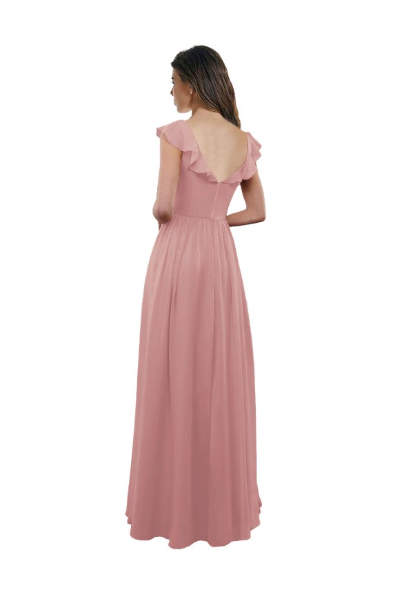 Rose poussiéreux Trapèze Col V Mousseline Longue Robes demoiselle d'honneur Pas Cher