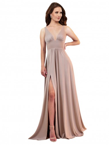 Rose poussiéreux Trapèze Col V Spandex Longue Formelles Robes demoiselle d'honneur / Robes de soirée / Robes de bal Pas Cher