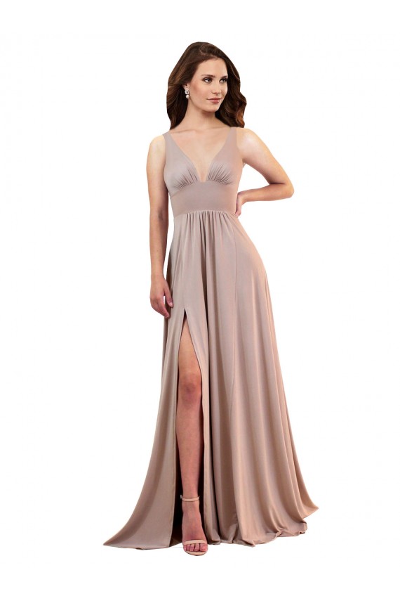 Rose poussiéreux Trapèze Col V Spandex Longue Formelles Robes demoiselle d'honneur / Robes de soirée / Robes de bal Pas Cher