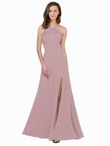 Rose poussiéreux Trapèze Col bijou Col Haut Crêpe Stretch Longue Robes demoiselle d'honneur / Robes de bal Pas Cher