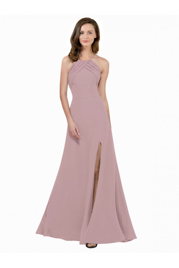 Rose poussiéreux Trapèze Col bijou Col Haut Crêpe Stretch Longue Robes demoiselle d'honneur / Robes de bal Pas Cher