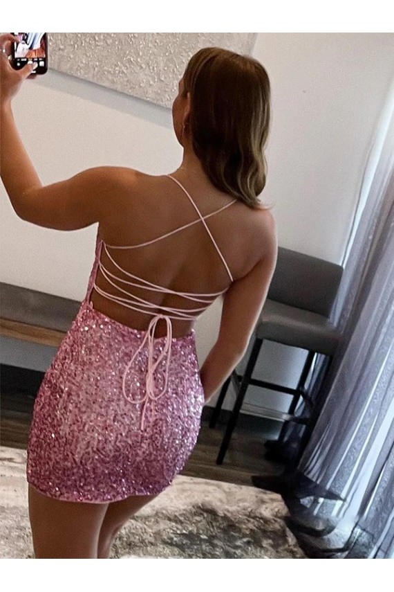 Rose vif Fourreau Bretelles spaghetti Courte Paillettes Velours Courte Robes de bal Pas Cher