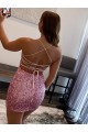 Rose vif Fourreau Bretelles spaghetti Courte Paillettes Velours Courte Robes de bal Pas Cher