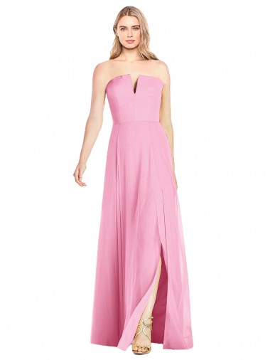 Rose vif Trompette Col V Sans bretelle Mousseline Longue Robes demoiselle d'honneur Pas Cher