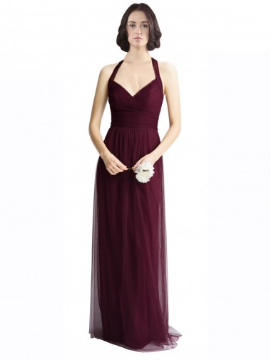 Rouge 74 Trapèze Licou Col V Tulle Longue Robes demoiselle d'honneur Pas Cher