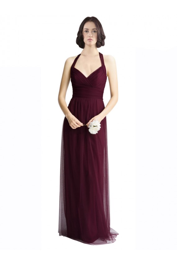 Rouge 74 Trapèze Licou Col V Tulle Longue Robes demoiselle d'honneur Pas Cher