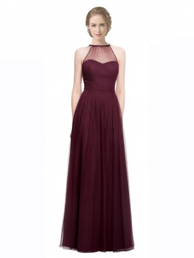 Rouge 74 Trapèze Licou Illusion Tulle Longue Robes demoiselle d'honneur Pas Cher