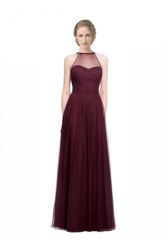 Rouge 74 Trapèze Licou Illusion Tulle Longue Robes demoiselle d'honneur Pas Cher