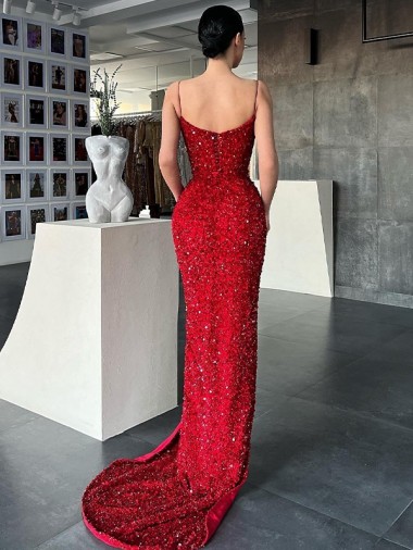 Rouge Fourreau Col V Balayage train Paillettes Velours Longue Robes de bal