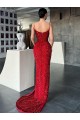 Rouge Fourreau Col V Balayage train Paillettes Velours Longue Robes de bal Pas Cher