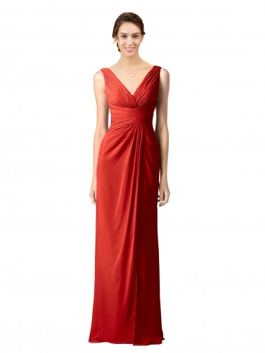 Rouge Fourreau Col V Mousseline Longue Robes demoiselle d'honneur Pas Cher