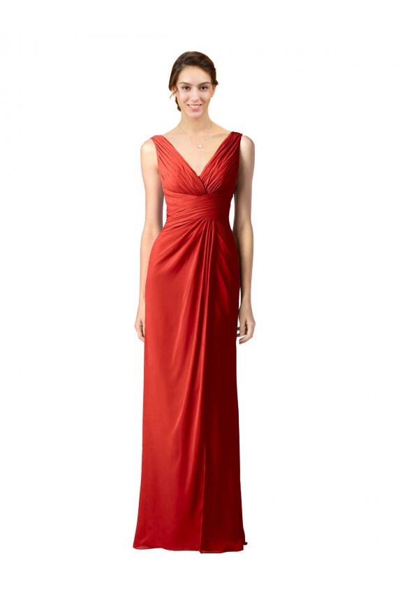 Rouge Fourreau Col V Mousseline Longue Robes demoiselle d'honneur Pas Cher